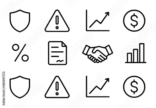 Risk Management Icons. Outline icon set of risk management in bonds: shield, warning triangle, chart, dollar