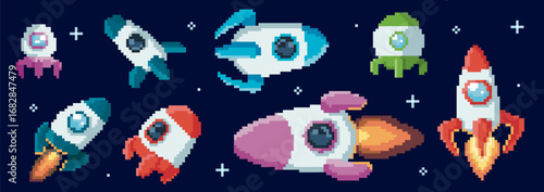 Retro pixel rocket designs for space and planet exploration - colorful spacecraft, UFOs and shuttles with flame trails on dark cosmos background. 8 bit vehicles for arcade game or cosmic adventure.