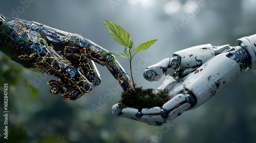 Robotic Hands Tending to a Young Plant as a Symbol of Ecological Harmony