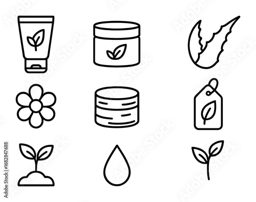 Plant-Based Skincare Icons. Outline icon set of plant-based skincare packaging: lotion tube, cream jar, aloe
