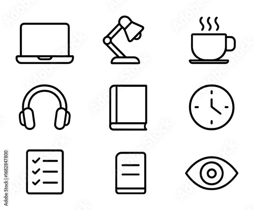 Deep Work Icons. Outline icon set of deep work habits: laptop, desk lamp, coffee cup, headphones, book, clock,