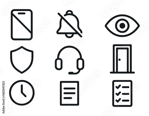 Distraction-Free Icon Set. Outline icon set of eliminating distractions: crossed phone, mute bell, focus eye,
