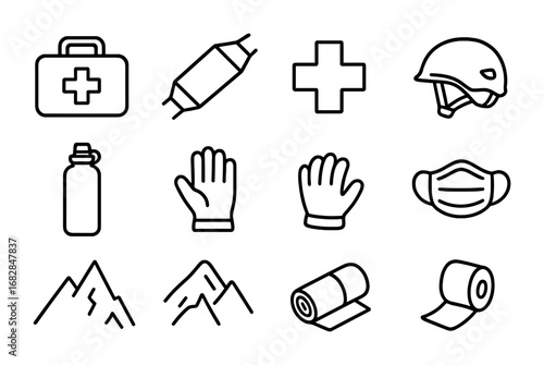 Mountain First Aid Icons. Outline icon set of first aid in mountainous terrain: first aid kit, stretcher,