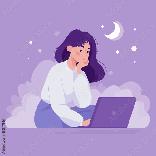 A young woman is comfortably seated on fluffy clouds, deeply engaged with her laptop. The dreamy night sky is illuminated by twinkling stars and a crescent moon above her.