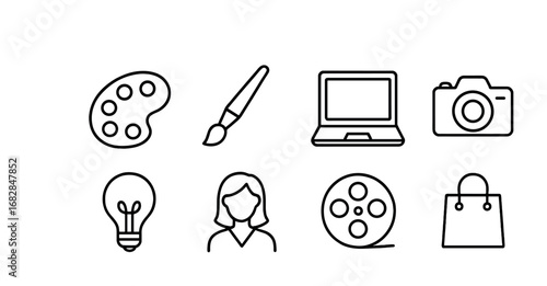 Creative Entrepreneurship Icons. Outline icon set of creative women entrepreneurs: palette, brush, laptop,