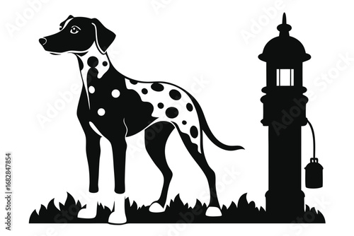 of Dalmatian Standing near Street Lamp with White Background