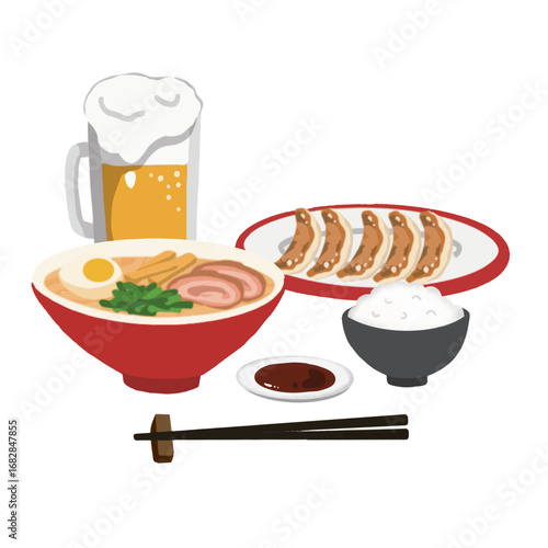 ラーメン餃子とライスとビールのセット