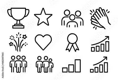 Celebration Icons Grid. Outline icon set of celebrating success together: trophy, star, group of people,