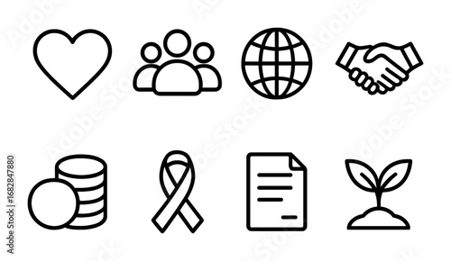 Non-Profit Collaboration Icons. Outline icon set of non-profit collaboration: heart, group of people, globe,