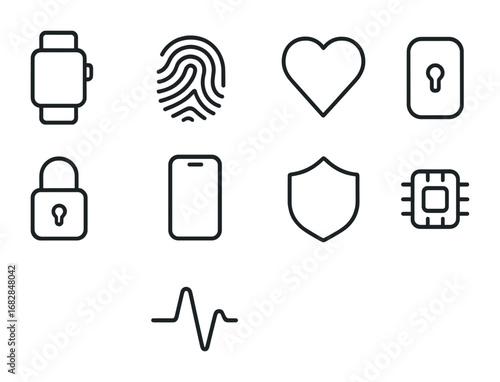 Wearable Biometric Icon Set. Outline icon set of wearable biometric devices: smartwatch, fingerprint, heart