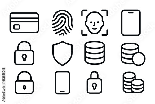 Biometric Payment Icons. Outline icon set of biometric payment systems: credit card, fingerprint, face