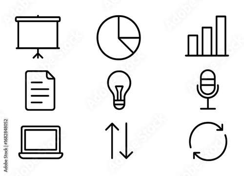 Business Presentation Icons. Outline icon set of business presentation: projector screen, pie chart, bar graph