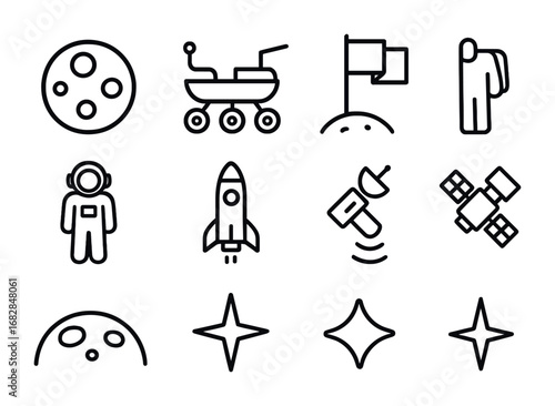 Lunar Exploration Icons. Outline icon set of lunar exploration: moon, rover, flag, astronaut, rocket,