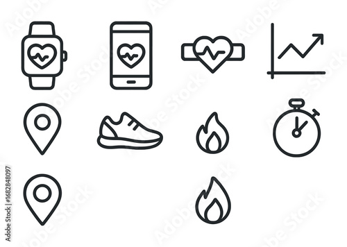 Fitness Tracker Icons. Outline icon set of fitness tracking devices: smartwatch, smartphone, heart rate