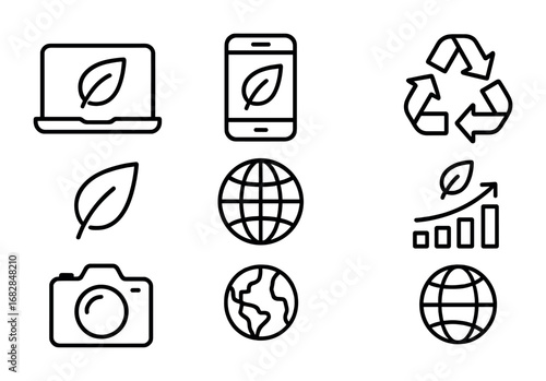 Eco-Art Promotion Icons. Outline icon set of digital promotion of eco-art: laptop, smartphone, canvas,