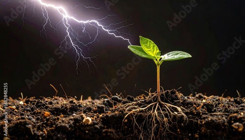 A tiny green seedling rises from soil against a black backdrop as bright lightning illuminates the sky above. Its fragile roots peek out from the earth