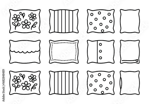 Pillowcase Pattern Icons. Outline icon set of pillowcase design patterns: floral fabric, stripe fabric, polka