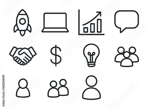 Startup Idea Icons. Outline icon set of startup pitch brainstorming: rocket, laptop, graph, speech bubble,