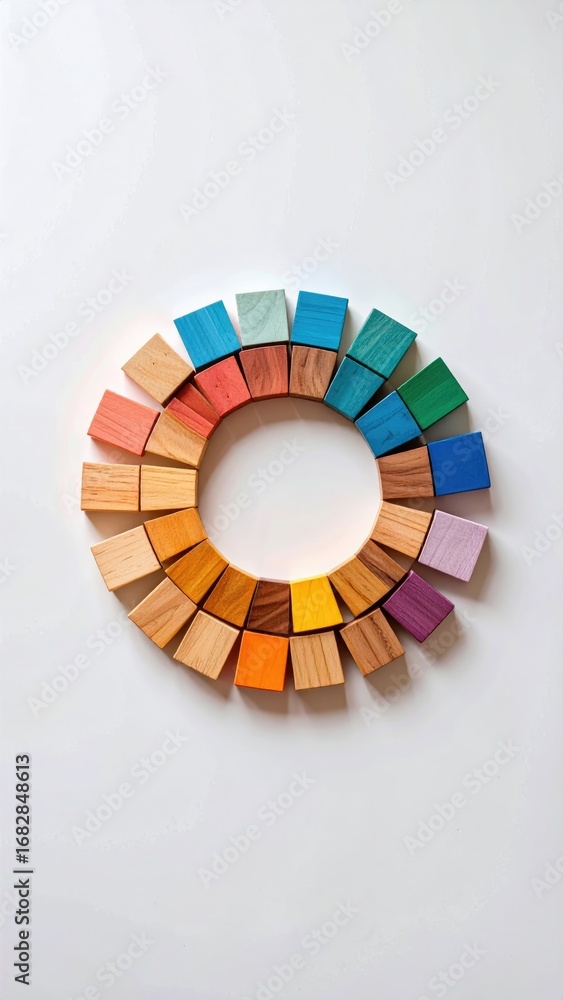 Obraz premium A colorful circle of wooden blocks, arranged in a gradient on a white background, creates a visually appealing artistic composition