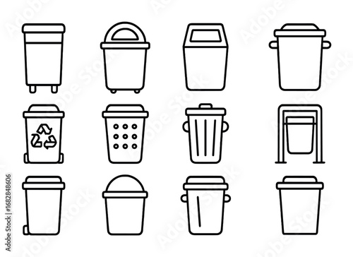 Outdoor Garbage Can Icons. Outline icon set of outdoor garbage cans: street bin, dome lid, push door, side
