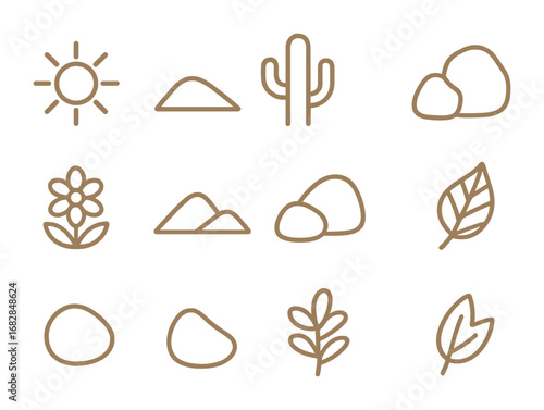 Earthy Tones Icons. Outline icon set of earthy tones inspiration: sun, hill, cactus, rock, desert flower, dune