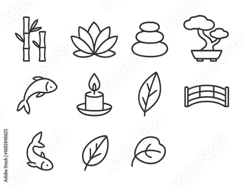 Zen Minimalist Icon Set. Outline icon set of zen minimalism: bamboo, lotus, pebble stack, bonsai, koi fish,
