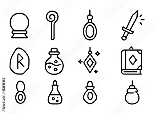 Magical Artifact Icons. Outline icon set of magical artifacts: orb, staff, amulet, enchanted sword, runestone,
