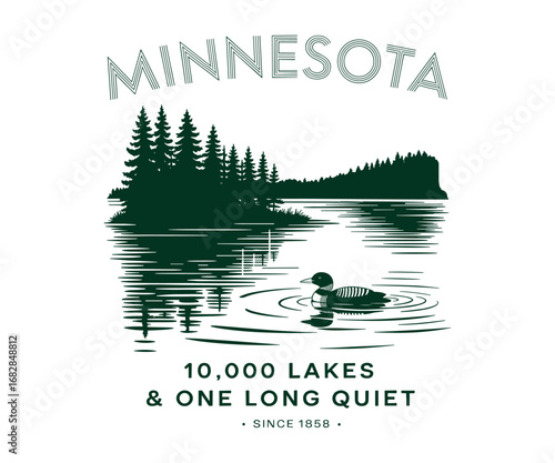 A Serene Representation of Minnesota Featuring the Iconic Loon on a Tranquil Lake Surrounded by Majestic Pines and Reflective Waters