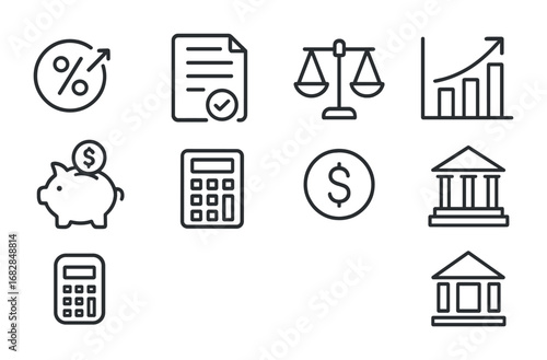 Monetary Policy Icons. Outline icon set of monetary policies: interest rate, policy document, balance scale,
