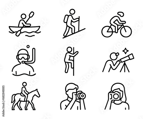 Eco-Tourism Icons. Outline icon set of eco-tourism activities: kayaking, hiking, cycling, snorkeling, rock