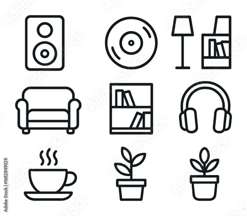 Home Audio Icon Set. Outline icon set of relaxing home audio setup: speaker, vinyl record, sofa, floor lamp,