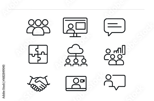 Collaborative Learning Icons. Outline icon set of collaborative learning: group of students, shared screen,
