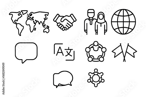 Cultural Awareness Icons. Outline icon set of cultural awareness: world map, handshake, traditional clothing,