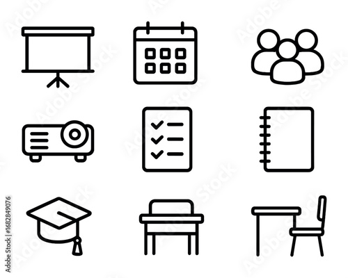 Training Workshop Icons. Outline icon set of training workshops: presentation board, calendar, group of people