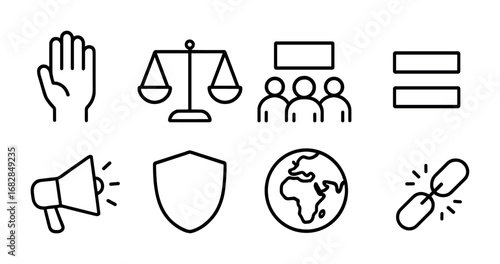 Human Rights Icons. Outline icon set of human rights advocacy: raised hand, scales of justice, protest crowd,