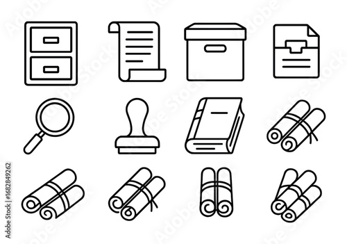 Historical Archives Icons. Outline icon set of historical archives: file cabinet, parchment roll, storage box,