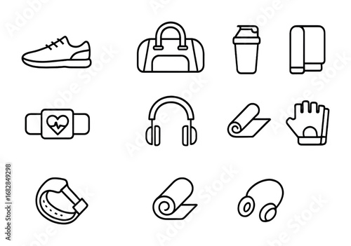 Gym Essentials Icons. Outline icon set of gym essentials: sneakers, gym bag, protein shaker, towel, heart rate