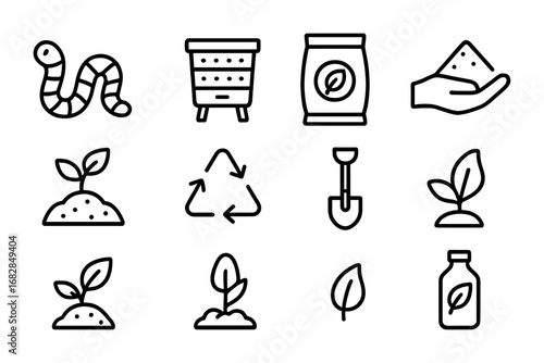 Vermicompost Icon Set. Outline icon set of vermicompost fertilizers: worm, compost bin, soil bag, hand with