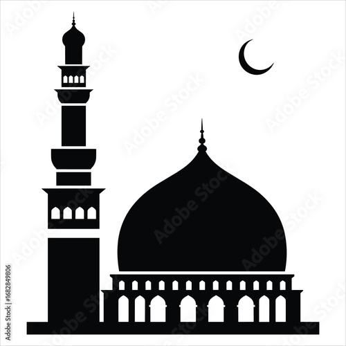 Silhouette of a Mosque with a Tall Minaret and Crescent Moon Against White islam muslim