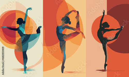 Three ballet dancers strike dynamic poses, showcasing grace and flexibility. The vibrant abstract backgrounds enhance the visual appeal, merging art with movement.