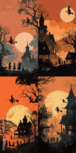 Eerie landscape features silhouettes of witches flying on broomsticks over spooky houses and eerie trees during a colorful Halloween night. Bright orange sky complements the scene.