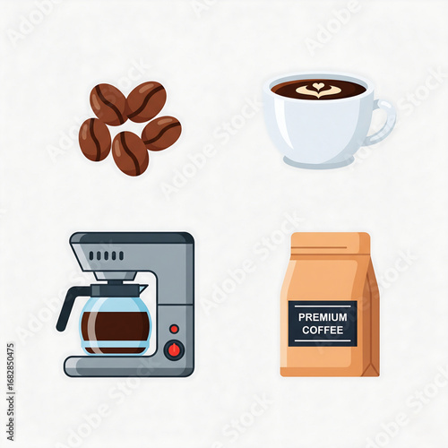 Premium coffee illustration with beans, cup, coffee maker, and packaging.