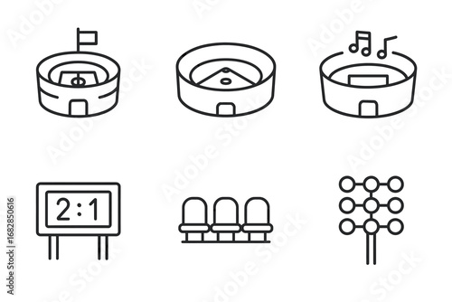 Minimalist icons of sports stadiums and equipment