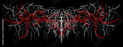 symmetrical neo tribal ornament with sharp abstract spikes red and white . Perfect for gothic tattoos, metal artwork, occult visuals, and dark design.