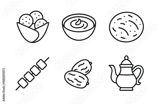 Traditional middle eastern foods: falafel, hummus, pita, kebab, dates, tea pot icons