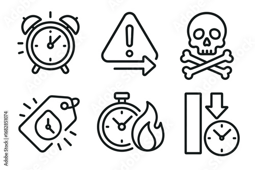 Time management icons: alarm clock, warning, skull, stopwatch, deadline tag, burning timer