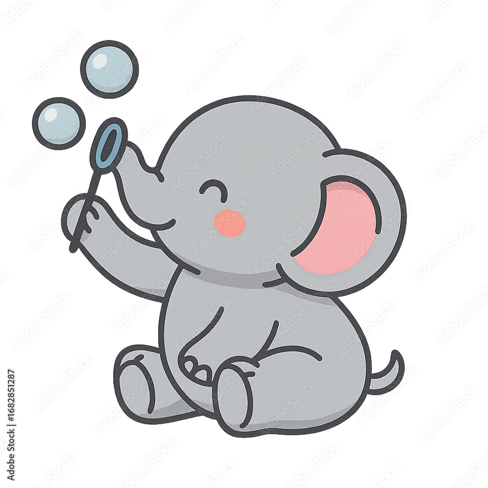 Obraz premium Elephant happily blowing bubbles with its trunk, suitable for childrens books, educational materials, and playful designs.