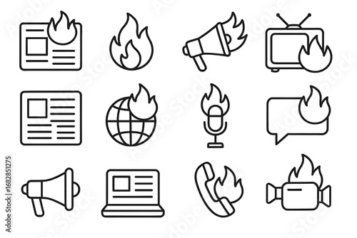 Media and communication icons with fire symbols: newspaper, megaphone, tv, globe, microphone, chat bubble, laptop, phone, camera