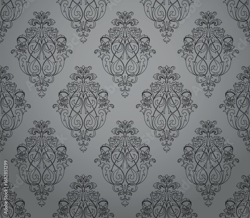 Wallpaper in the style of Baroque. Gray and black floral ornament. Seamless vector background. Graphic pattern for fabric, wallpaper, packaging. Ornate Damask flower illustration