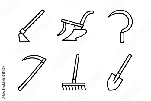 Outlined icons of farm tools including plow, sickle, and shovel for agricultural use